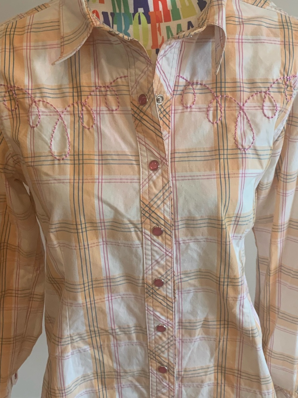 Bit & Bridle Pink Pearl Snap Plaid Shirt with Embroidered Horses